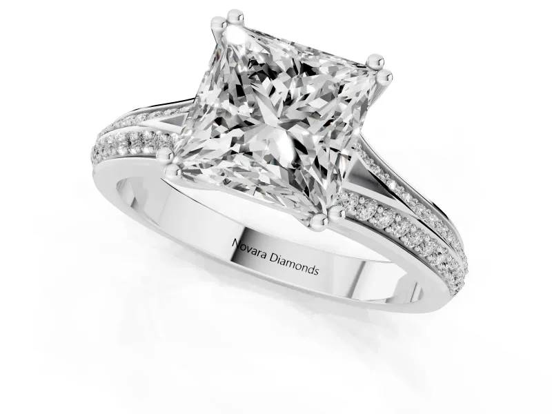 Princess Cut Pave Split Shank Engagement Ring Setting | Double Claw Prongs | Sterling Silver