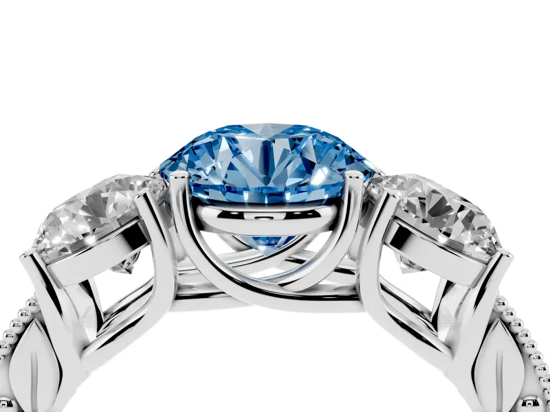 Round Vintage Three Stone Engagement Ring Setting for a Fancy Blue Lab-Grown Diamond | Sterling Silver