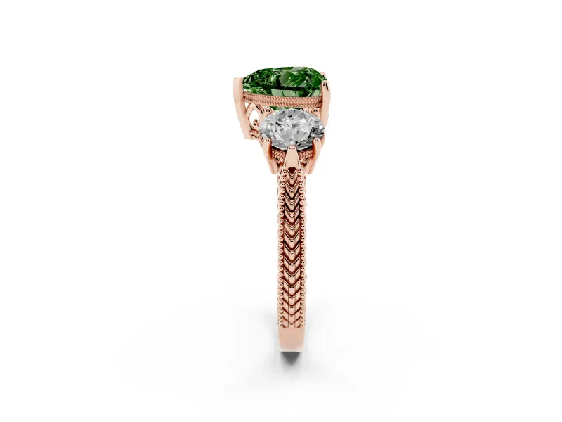 Fancy Green Heart Cut Diamond Three-Stone Ring Set in Rose gold with Milgrain Band
