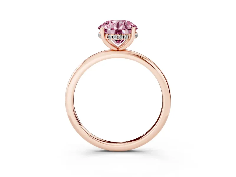 Fancy Pink Round Cut Diamond Solitaire Engagement Ring Set in Rose gold with Prong Setting and Polished Band