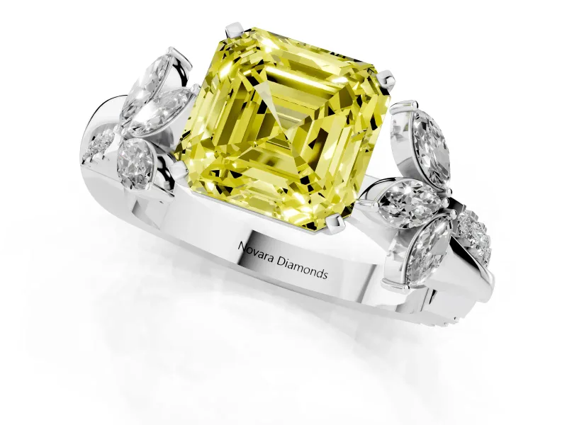 Fancy Yellow Asscher Cut Diamond Floral Vine Solitaire Engagement Ring Set in Platinum with Marquise Leaves