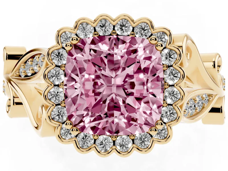 Cushion Cut Leaf Halo Engagement Ring Setting for a Fancy Pink Lab-Grown Diamond | Yellow Gold