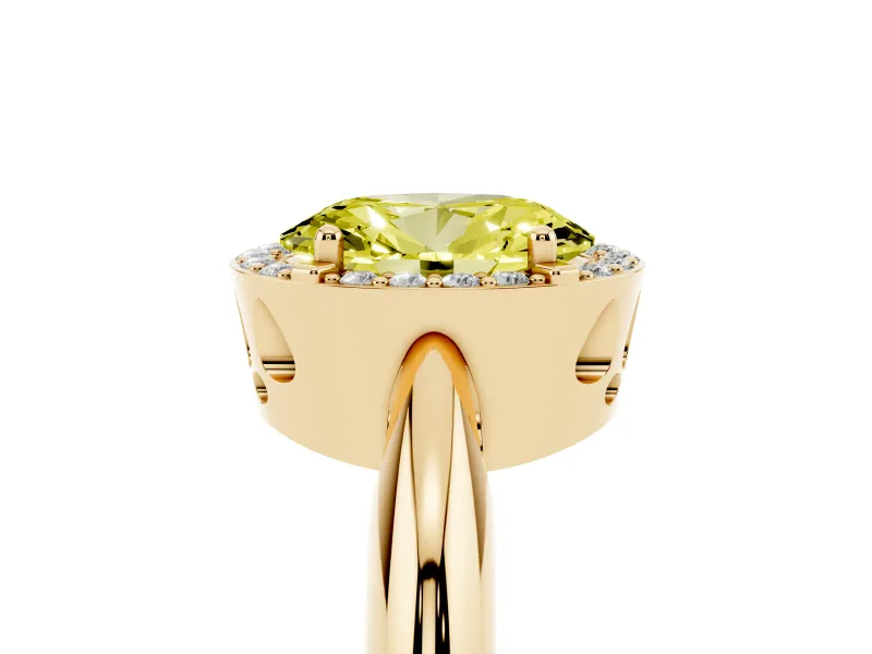 Fancy Yellow Oval Cut Diamond Halo Engagement Ring Set in Yellow gold with Plain Split Shank and Prong Setting
