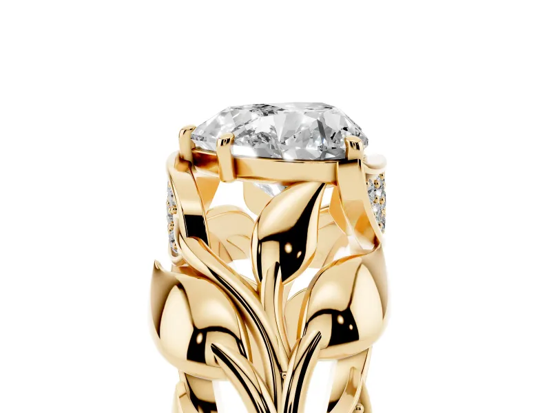 Heart-Shaped Leaf Bypass Engagement Ring Setting | Pave Leaf Accents | Yellow Gold