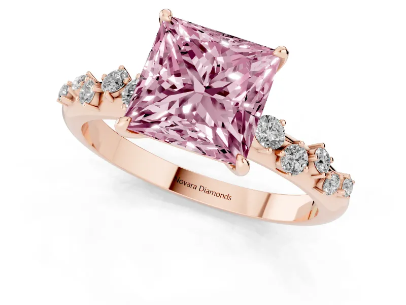 Fancy Pink Princess Cut Diamond Cluster Solitaire Ring Set in Rose gold with Prong Setting