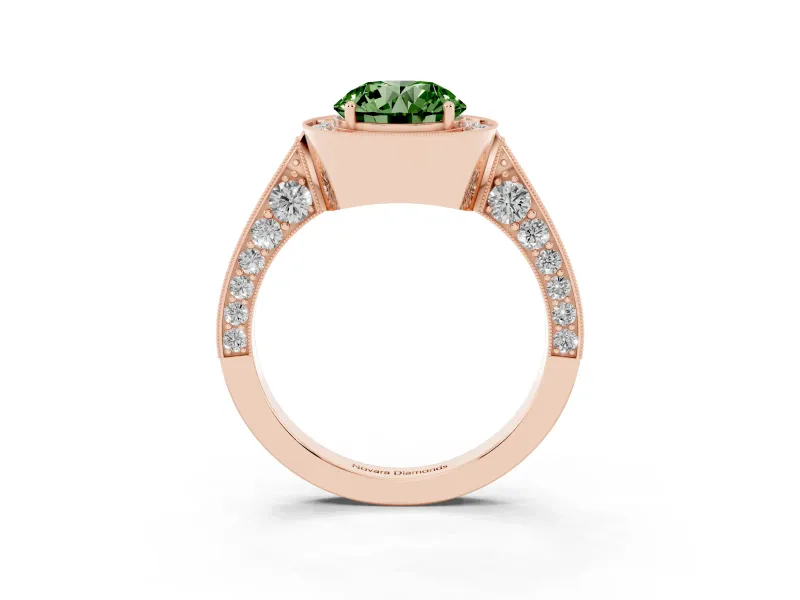 Round Milgrain Halo Engagement Ring Setting for a Fancy Green Lab-Grown Diamond | Side Stones | Rose Gold