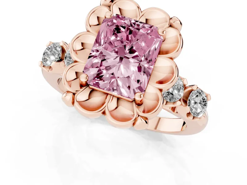 Fancy Pink Radiant Cut Diamond Floral Halo Ring Set in Rose gold with Shared Prong Band