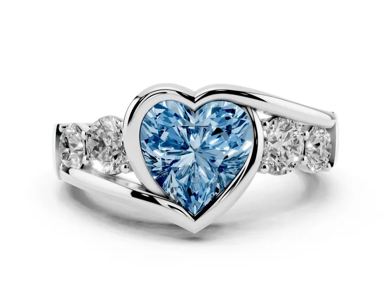Fancy Blue Heart Cut Diamond Bezel Bypass Ring Set in Silver with Round Accents