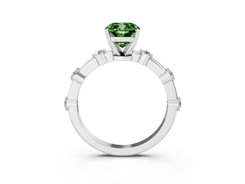 Fancy Green Cushion Cut Diamond Solitaire Ring Set in Silver with Bezel Set Side Stones and Prong Setting