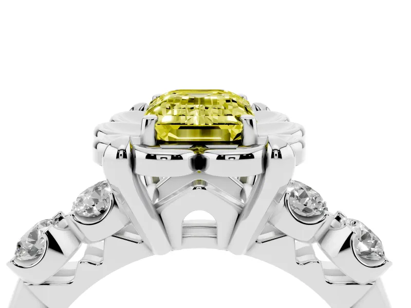 Emerald Cut Floral Engagement Ring Setting for a Fancy Yellow Lab-Grown Diamond | Petal Frame and Side Stones | Platinum
