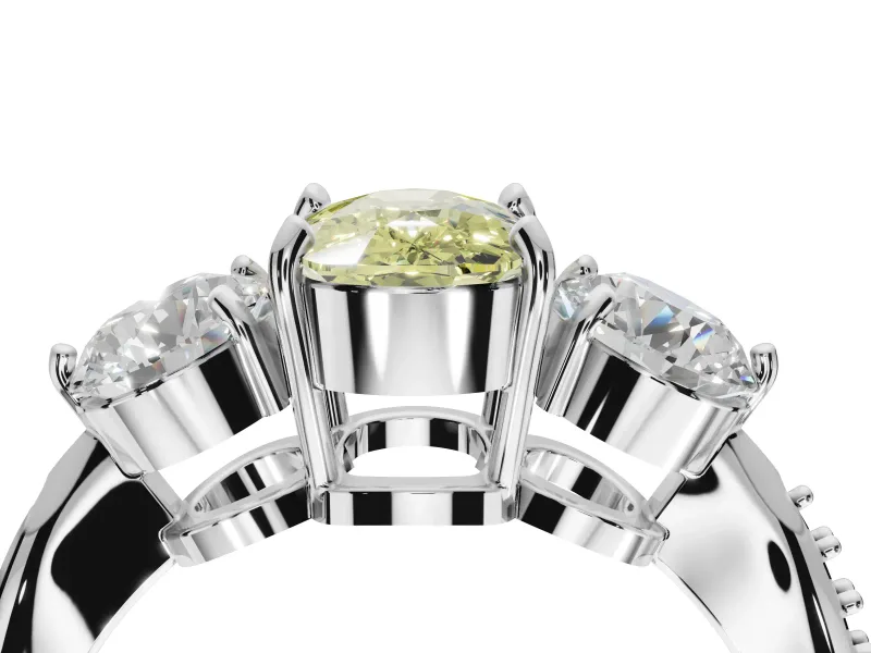 Cushion Cut Three Stone Engagement Ring Setting for a Fancy Yellow Lab-Grown Diamond | Tapered Pave Band | Platinum