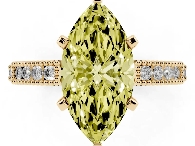 Fancy Yellow Marquise Cut Diamond Solitaire Ring Set in Yellow gold with Slim Pavé Band and Prong Setting