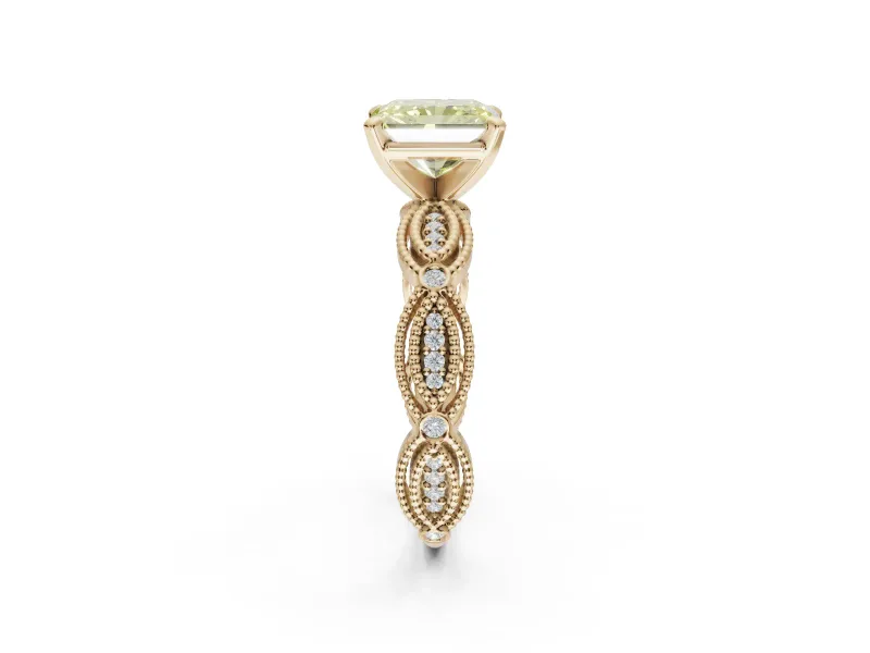 Radiant Cut Vintage Engagement Ring Setting for a Fancy Yellow Lab-Grown Diamond | Graduated Stations | Yellow Gold