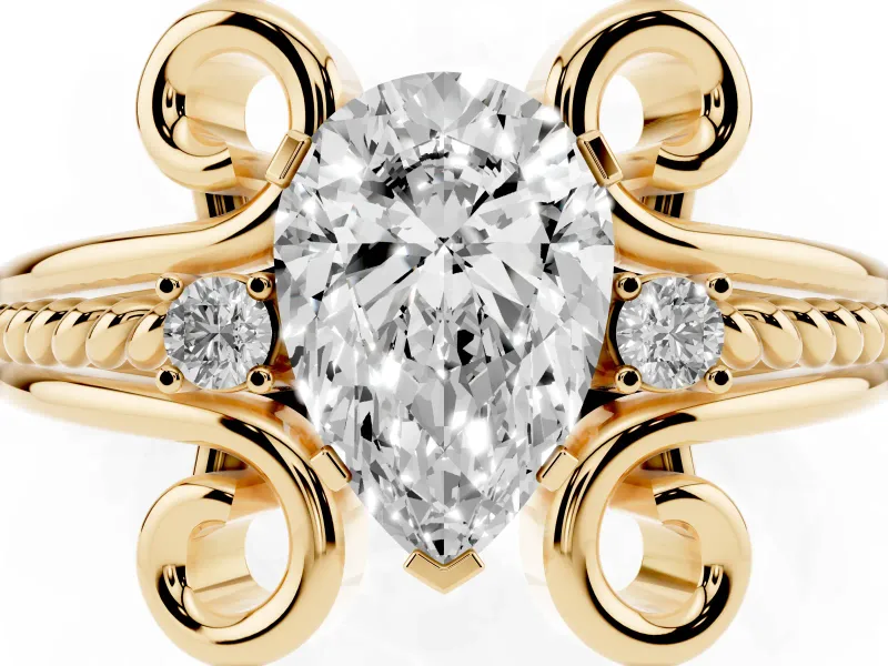 Pear-Shaped Scroll Solitaire Engagement Ring Setting | Rope Twist Band | Yellow Gold