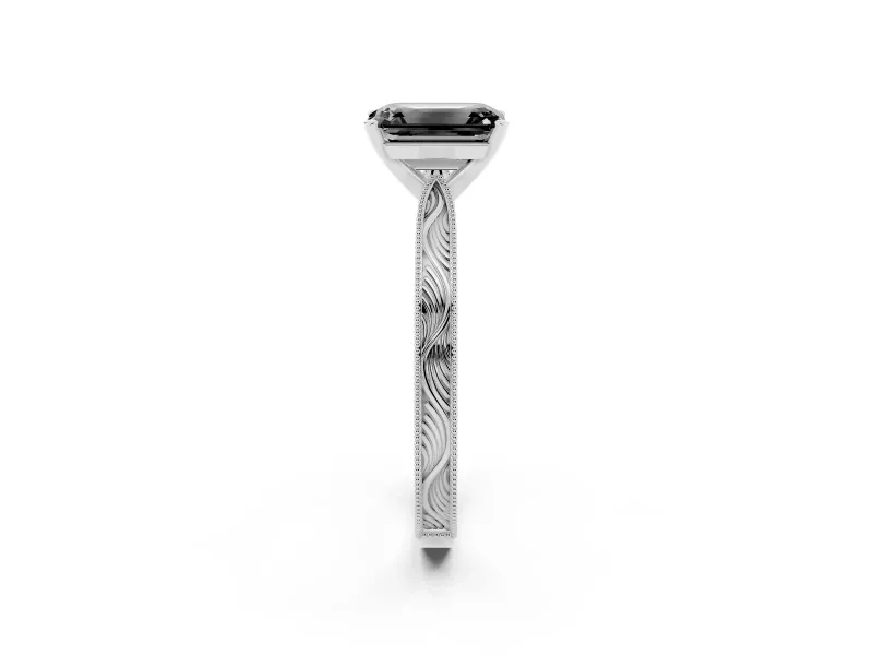 Fancy Black Emerald Cut Diamond Solitaire Milgrain Engraved Band Set in White gold with Prong Setting