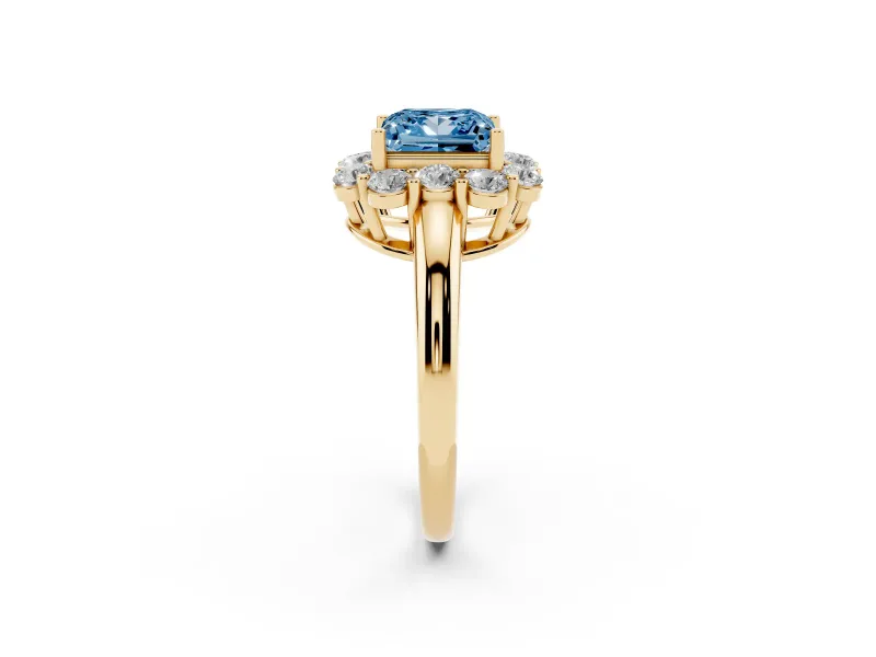 Princess Cut Graduated Milgrain Halo Engagement Ring Setting for a Fancy Blue Lab-Grown Diamond | Yellow Gold
