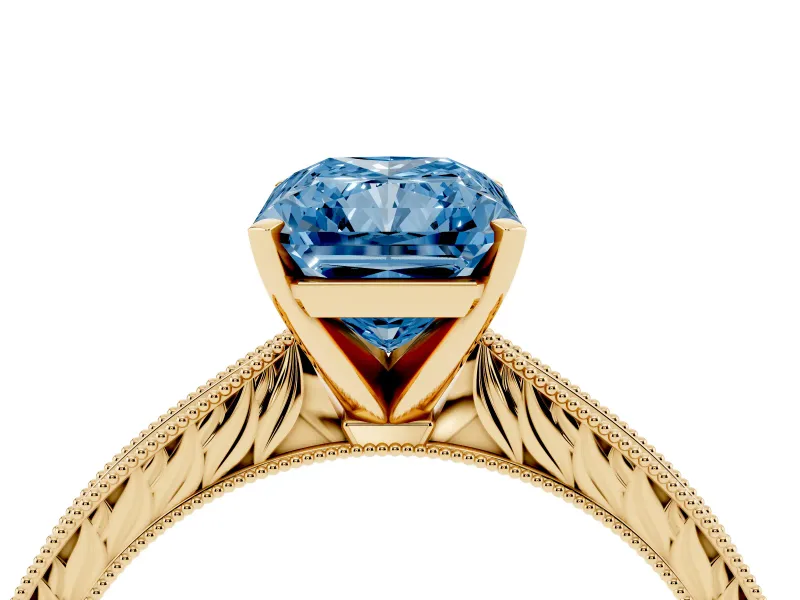 Fancy Blue Radiant Cut Diamond Solitaire Milgrain Engraved Band Set in Yellow gold with Prong Setting