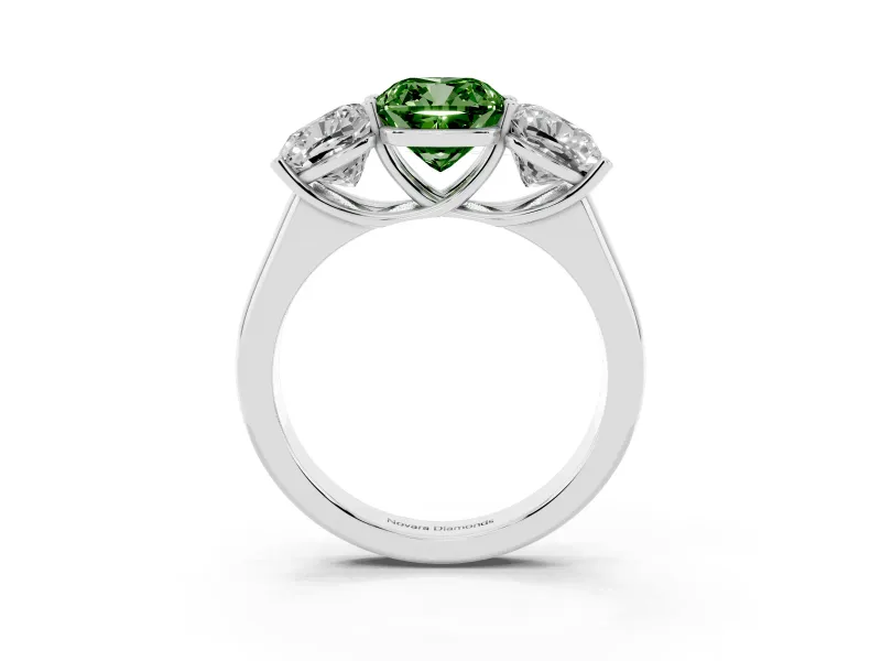 Cushion Cut Three Stone Engagement Ring Setting for a Fancy Green Lab-Grown Diamond | Basket Prong Heads | Platinum