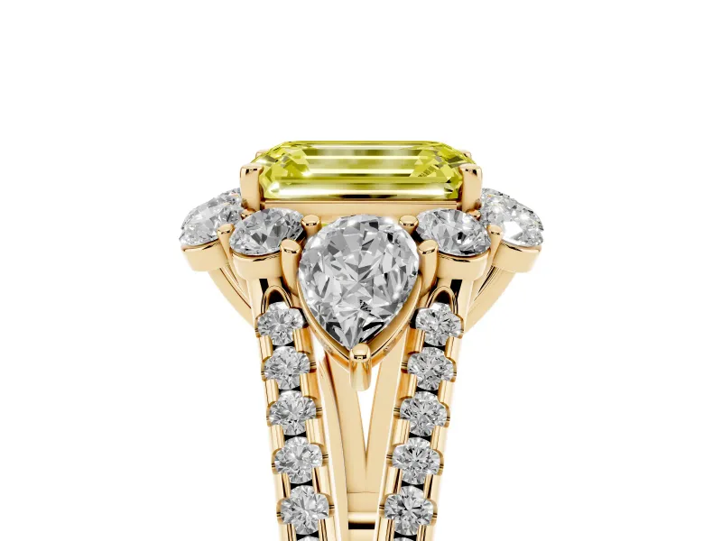 Fancy Yellow Emerald Cut Diamond Halo Split Shank Engagement Ring Set in Yellow gold with Prong-Held Center Stone
