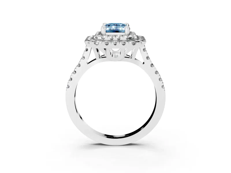 Fancy Blue Emerald Cut Diamond Double Halo Statement Ring Set in Platinum with Pavé Band