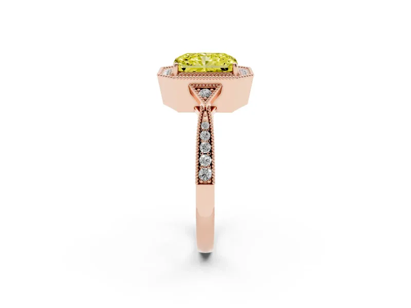 Radiant Cut Milgrain Halo Engagement Ring Setting for a Fancy Yellow Lab-Grown Diamond | Graduated Pavé | Rose Gold