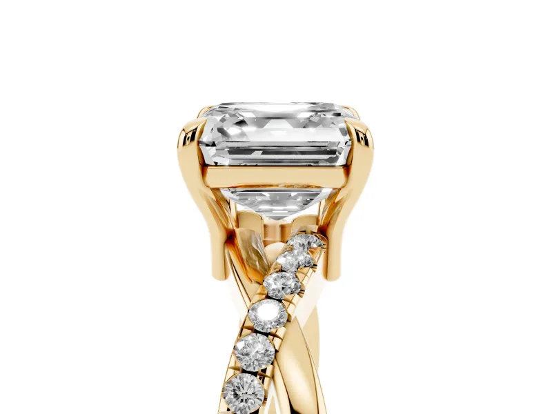 Asscher Cut Diamond Twist Band Solitaire Set in Yellow gold with Pavé Accents and Prong Setting