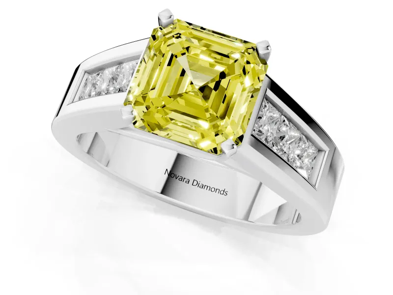 Fancy Yellow Asscher Cut Diamond Solitaire Ring Set in Platinum with Channel-Set Accent Stones and Prong Setting
