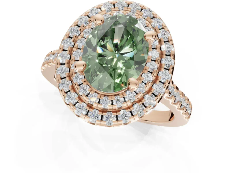 Fancy Green Oval Lab-Grown Diamond Double Halo Statement Ring Set in Rose Gold with Pavé Band