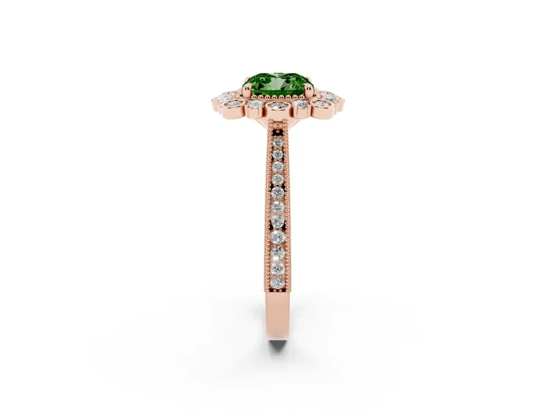 Fancy Green Cushion Cut Diamond Halo Milgrain Pavé Ring Set in Rose gold with Prong Setting