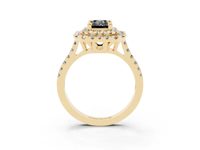 Fancy Black Emerald Cut Diamond Double Halo Statement Ring Set in Yellow gold with Pavé Band