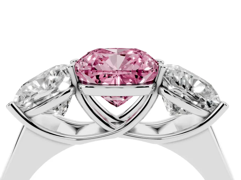 Cushion Cut Three Stone Engagement Ring Setting for a Fancy Pink Lab-Grown Diamond | Basket Prong Heads | White Gold