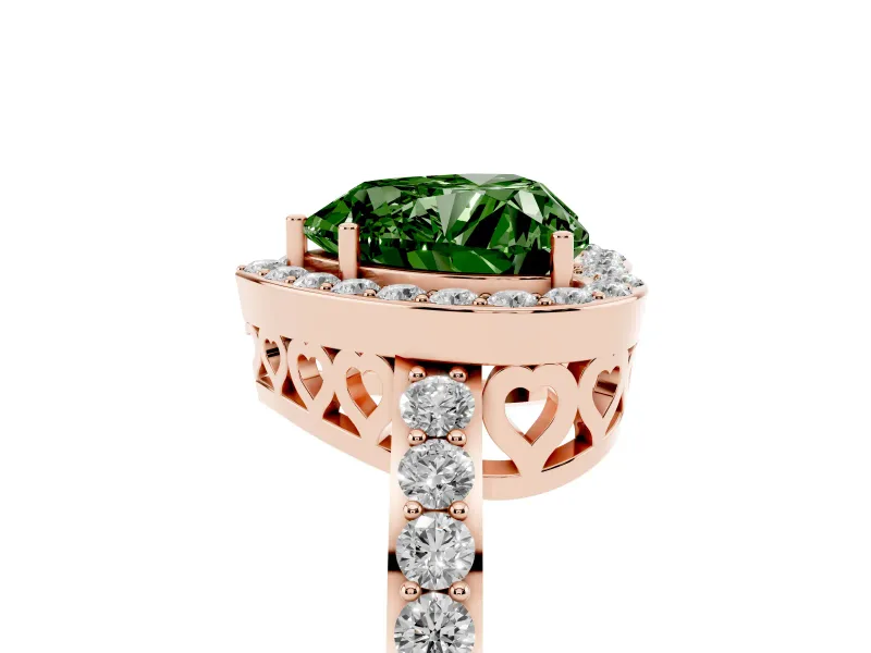 Fancy Green Heart Cut Diamond Halo Ring Set in Rose gold with Pavé-Setting Band and Open Prong Center