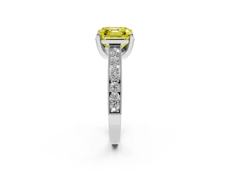 Asscher Cut Hidden Halo Engagement Ring Setting for a Fancy Yellow Lab-Grown Diamond | Milgrain Pave | White Gold