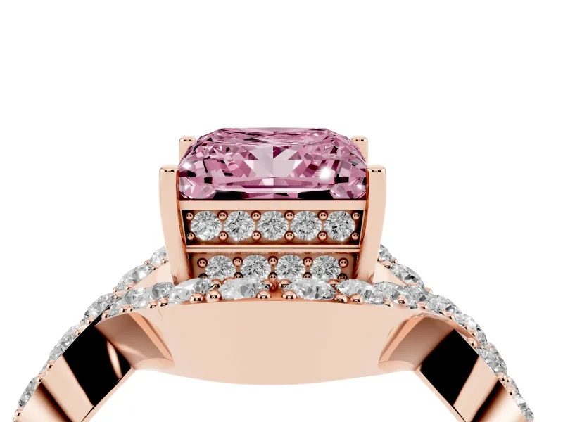 Fancy Pink Princess Cut Diamond Solitaire Twist Band Pavé Engagement Ring Set in Rose gold