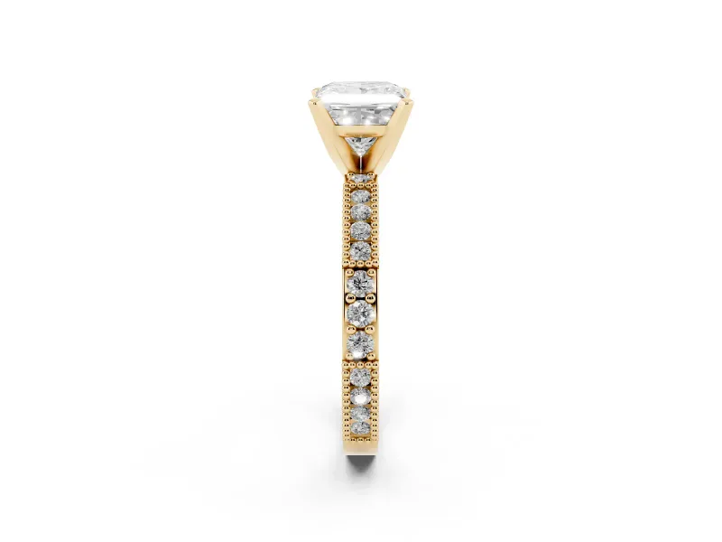 Princess Cut Diamond Solitaire Ring Set in Yellow gold with Slim Pavé Band and Prong Setting