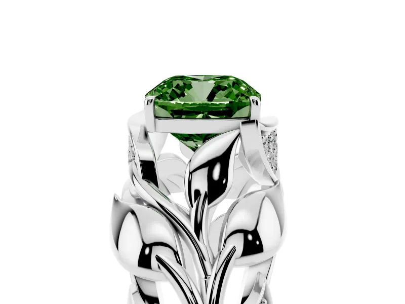 Cushion Cut Leaf Bypass Engagement Ring Setting for a Fancy Green Lab-Grown Diamond | Sculpted Leaves | Sterling Silver
