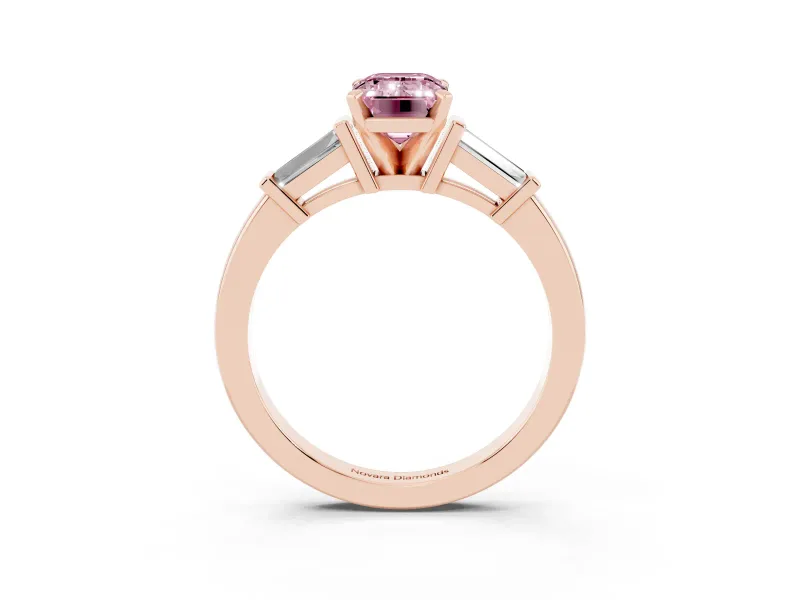 Fancy Pink Emerald Cut Diamond Solitaire Ring Set in Rose gold with Tapered Baguette Accents and Prong Setting