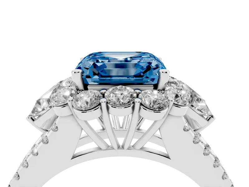 Fancy Blue Asscher Cut Diamond Halo Split Shank Engagement Ring Set in Platinum with Prong-Held Center Stone