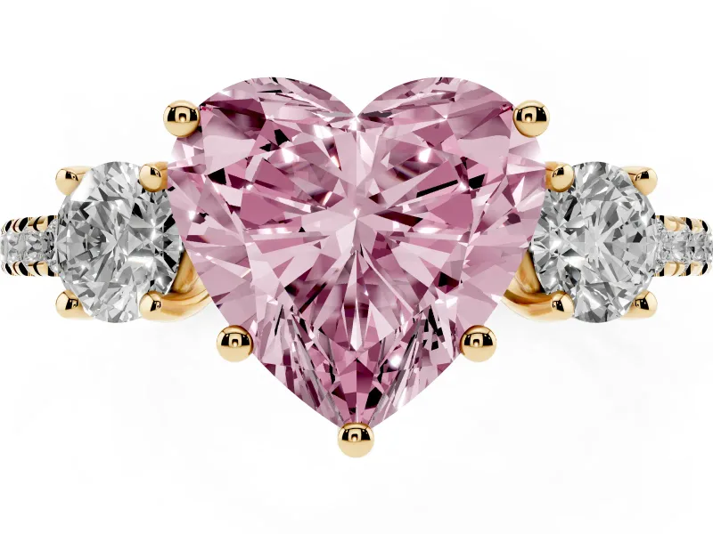 Heart-Shaped Three Stone Engagement Ring Setting for a Fancy Pink Lab-Grown Diamond | Pave Shoulders | Yellow Gold