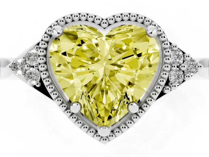 Fancy Yellow Heart Cut Diamond Milgrain Solitaire Ring Set in Silver with Tapered Pavé Band and Prong Setting