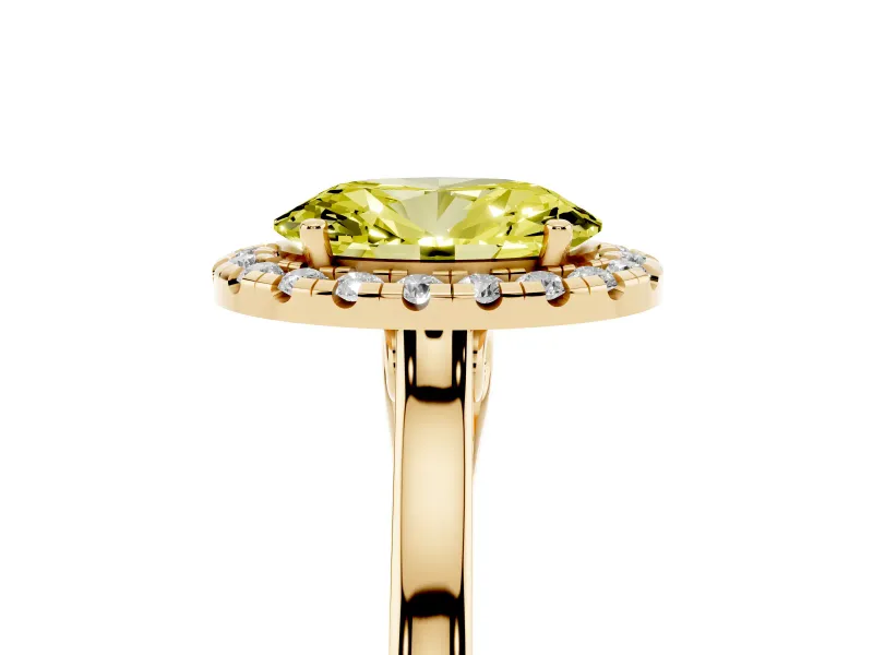Fancy Yellow Oval Cut Halo Round Diamond Solitaire Ring Set in Yellow gold with Pavé Band and Prong Setting