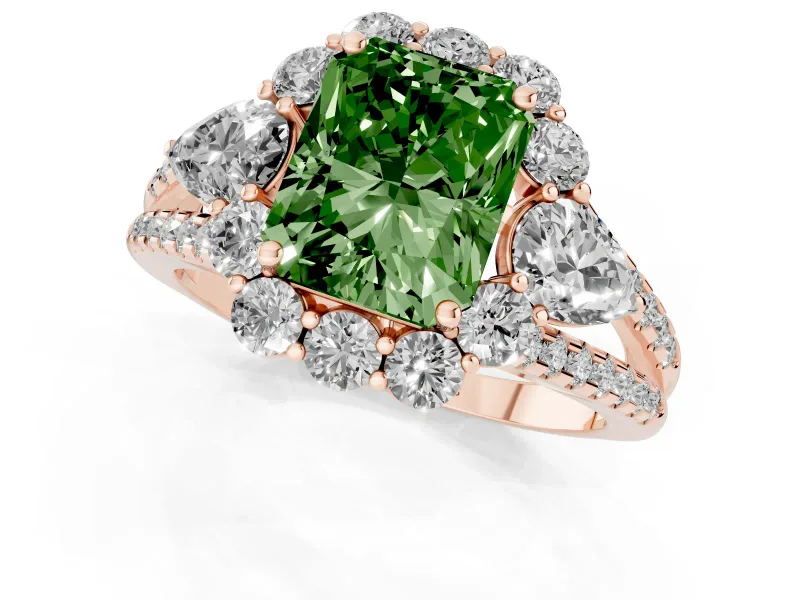 Fancy Green Radiant Cut Diamond Halo Split Shank Engagement Ring Set in Rose gold with Prong-Held Center Stone