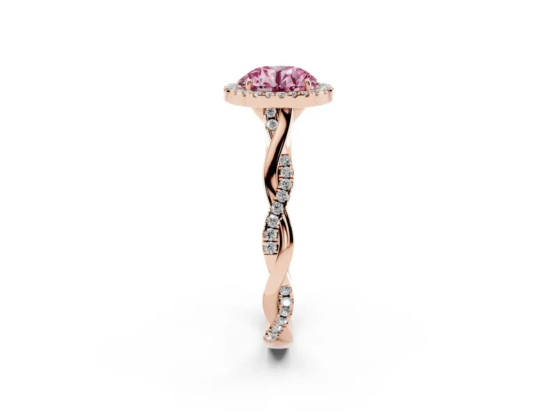 Round Halo Engagement Ring Setting for a Fancy Pink Lab-Grown Diamond | Pavé Twist Band | Rose Gold