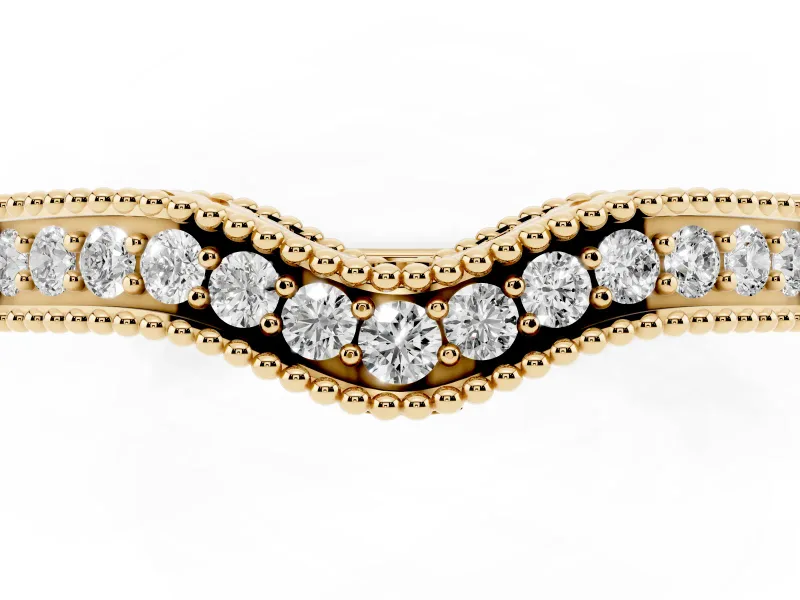 Round Lab-Grown Diamond Pavé Chevron Milgrain Wedding Band | Scrollwork Sides | Yellow Gold