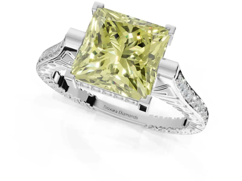 Princess Cut Vintage Cathedral Engagement Ring Setting for a Fancy Yellow Lab-Grown Diamond | Carved Band | Platinum