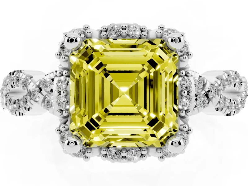 Asscher Cut Graduated Milgrain Halo Engagement Ring Setting for a Fancy Yellow Lab-Grown Diamond | White Gold