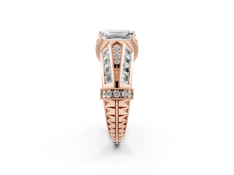 Emerald Cut Diamond Vintage-Inspired Milgrain Ring Set in Rose gold with Accent Split Shank