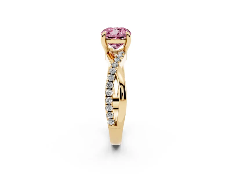 Fancy Pink Cushion Cut Diamond Twist Band Solitaire Set in Yellow gold with Pavé Accents and Prong Setting