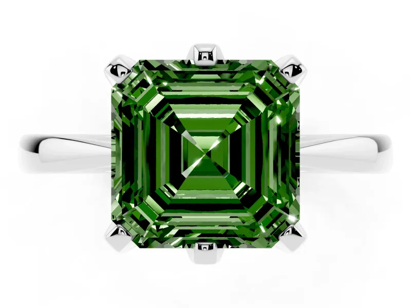 Fancy Green Asscher Cut Diamond Solitaire Engagement Ring Set in Silver with Slim Tapered Solitaire Band