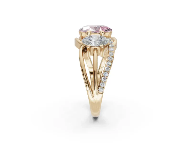 Oval Three Stone Split Shank Engagement Ring Setting for a Fancy Pink Lab-Grown Diamond | Matching Sides | Yellow Gold